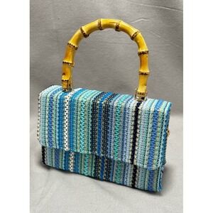 Haute Hippie Crochet Striped Blue Green Handbag Bamboo Handle Crossbody Boho